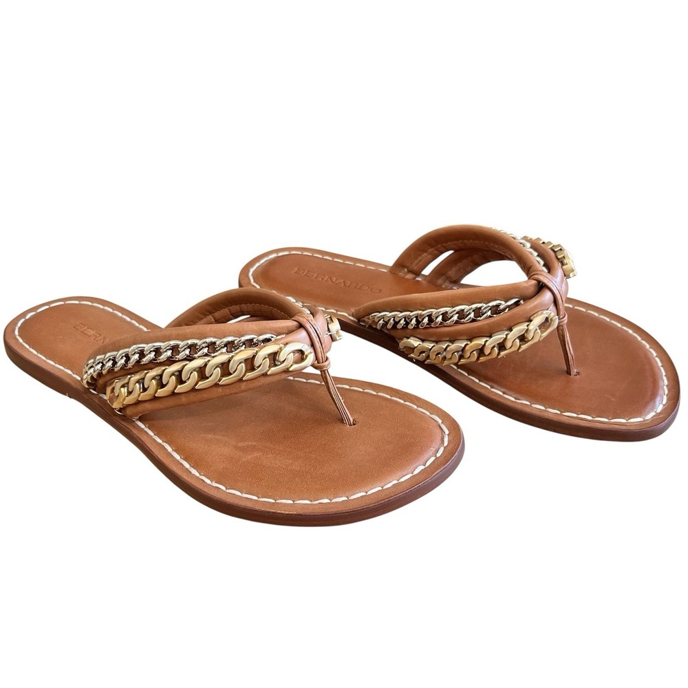 Bernardo Miami Chain Sandals Womens 6M Luggage Antique Calf Leather New Box